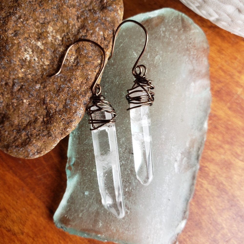 Wire Wrapped Clear Quartz Crystal Healing Earrings